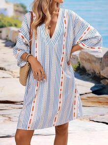 Breezaya Women's Short Vacation Style Contrast Color Striped Loose Dress - Blue - View 3