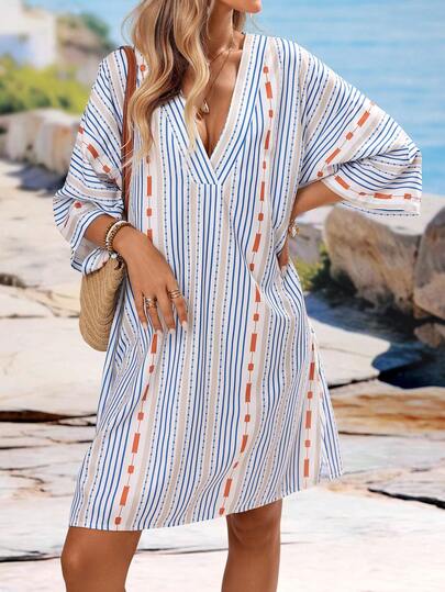 Breezaya Women's Short Vacation Style Contrast Color Striped Loose Dress