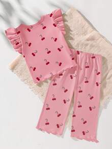 2件套可爱女婴夏季系列设计，粉色樱桃印花搭配白色春季碎花，荷叶边袖口短袖长裤睡衣套装 - 彩色 - 查看 2