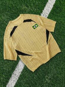 ROMWE MEN Prep Men's Brazil Flag Embroidered Knit Jersey - Yellow - View 1