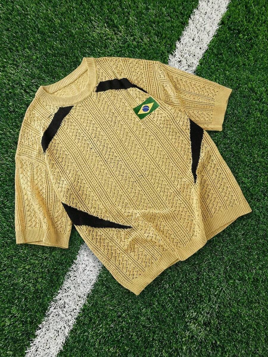 ROMWE MEN Prep Men's Brazil Flag Embroidered Knit Jersey - Yellow - View 1