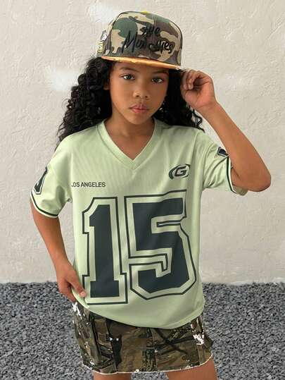 Tween Girls Summer/Spring V-Neck Short Sleeve Splicing Cuff Digital Print T-Shirt