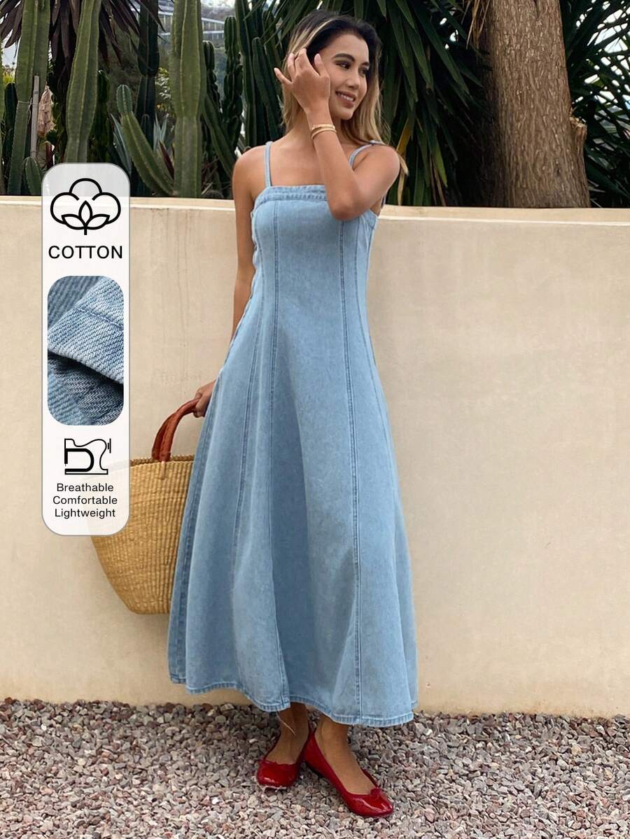 DAZY Đầm denim hai dây mùa hè dành cho nữ, kiểu dáng nghỉ mát. - Rửa trung bình - Xem 1