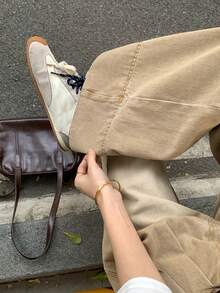 DAZY Jeans de pierna ancha y plisada de cintura regular holgada para mujer, pantalones vaqueros de ajuste relajado lavados de manera casual - Caqui - Ver 5