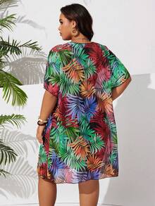 Swim Lushoire Plus Size Women Random Print Short Sleeve Loose Long Beach Cover Up - Multicolor - View 2