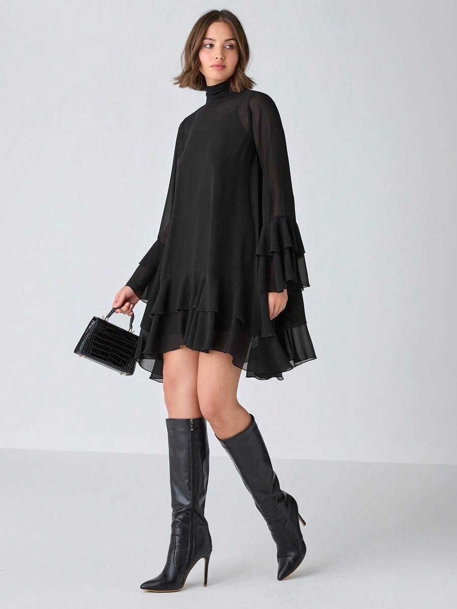 Enchnt 女士纯色网眼拼接长袖简约休闲连衣裙 - 黑色 - 查看 1