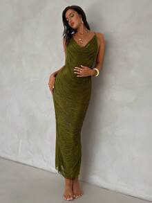 Aloruh 女士春夏新款绿色罩衫连衣裙，橄榄绿连衣裙，深V流苏连衣裙，奢华装饰派对连衣裙，性感优雅薄纱沙滩裙 - 橄欖綠 - 查看 4