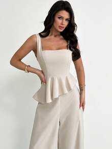 Firerie Bộ đồ nữ thanh lịch, tối giản, thời trang hàng ngày, ôm sát, gồm áo crop top không tay dáng chữ A và quần ống rộng, màu kaki trơn, chất liệu vải dệt họa tiết, thích hợp làm trang phục giáo viên, công sở. - Màu Khaki - Xem 4