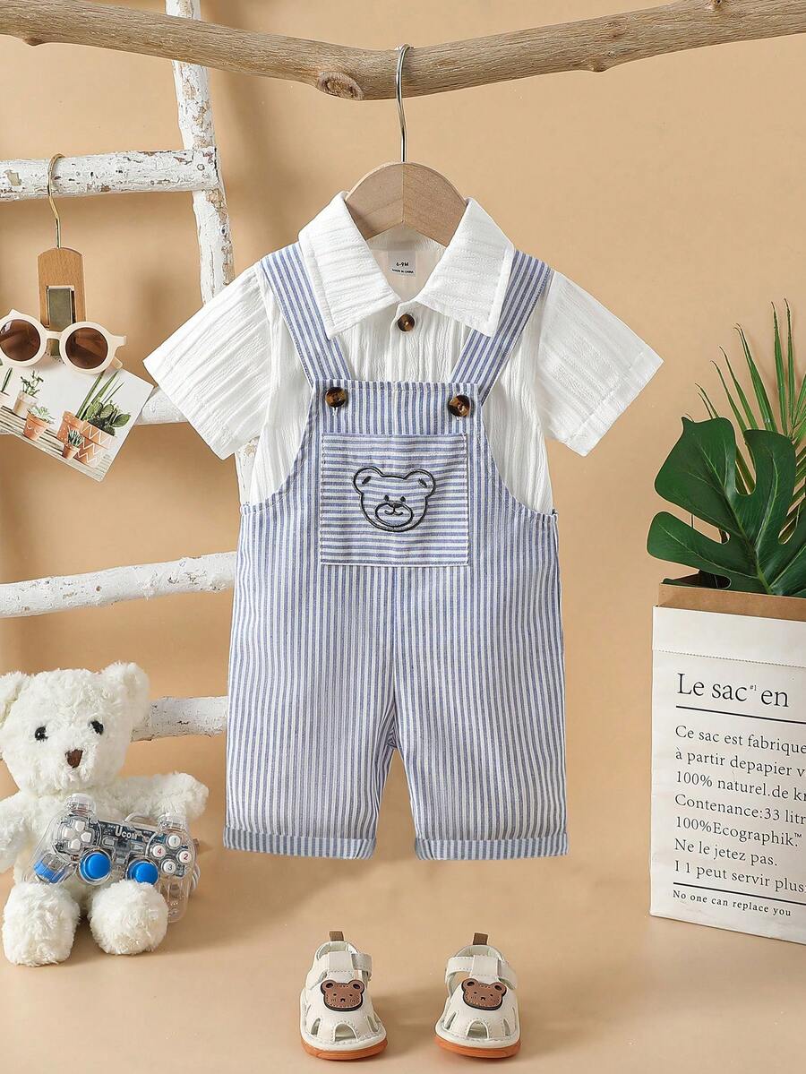 SHEIN Baby Boys' Blue & White Striped Bear Graphic Overalls Set With White Casual Shirt, Suitable For Daily Outings, Family Gatherings, Photo Shoots, Casual Trips, Valentine's Day Outfit - Blue - View 1