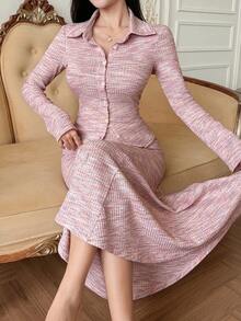 DAZY Women's Elegant Commuter Front Button Blouse And Fishtail Skirt 2 Pieces Set - Pink - View 6