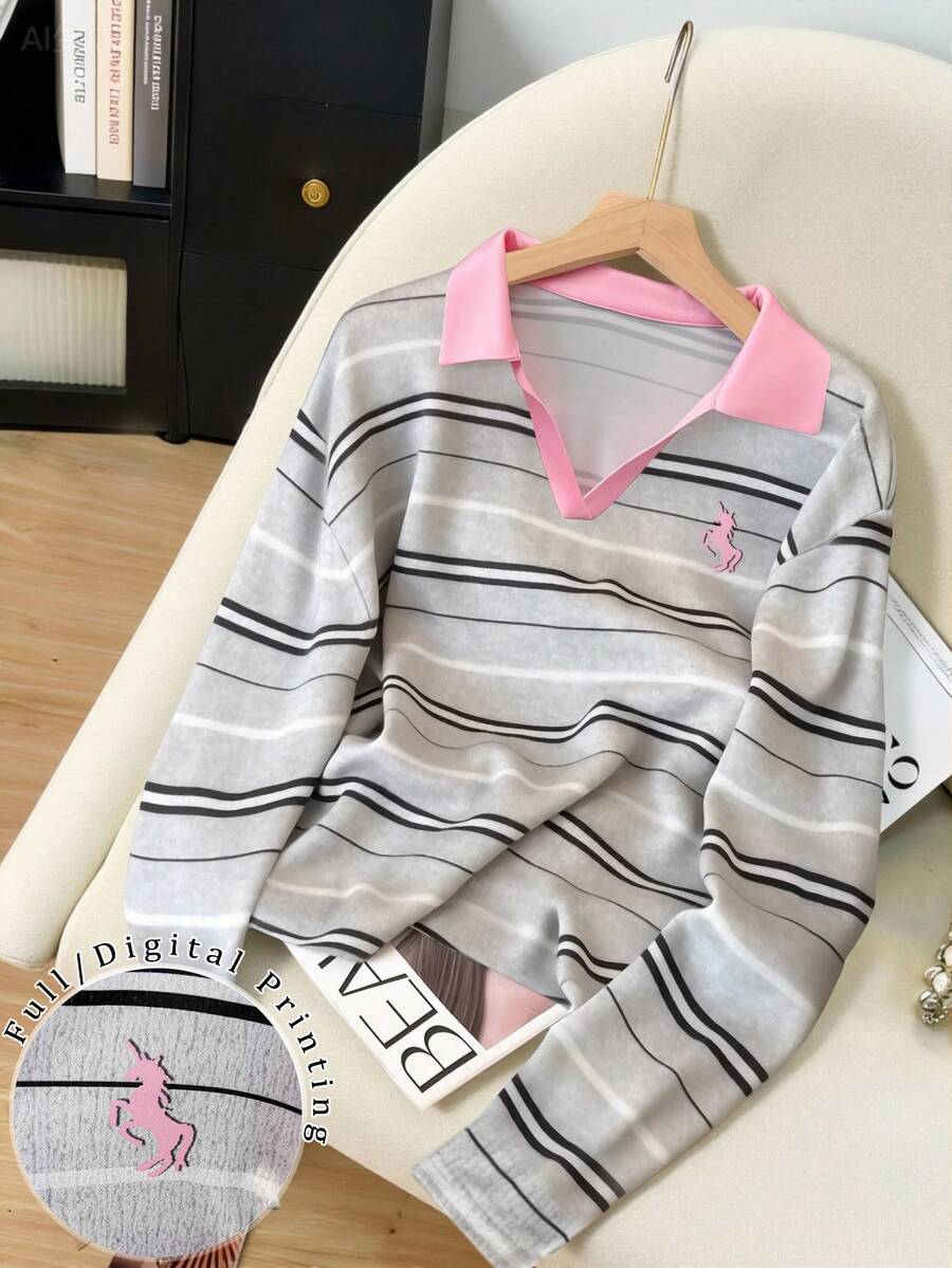 Resyla Áo thun cổ polo dài tay thường ngày dành cho nữ, thiết kế phối màu, họa tiết "Kỳ lân", ngọt ngào, nữ tính và thanh lịch, thích hợp mặc ở nhà hoặc đi làm, món quà tuyệt vời cho gia đình và bạn bè, và là mốt thời trang hiện nay. - Nhiều màu - Xem 1
