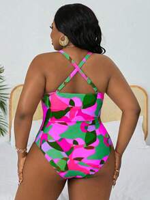 Slaydiva Traje de baño de una pieza con estampado de camuflaje para tallas grandes, ideal para vacaciones en la playa - Multicolor - Ver 2