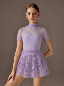 Tween Girls Activewear Leotard, Suitable For Ballet, Back To School, Campus Workout, Training, Competition, Casual Wear. Fashionable Stretchy Mesh Long Sleeve Design, Comfortable & Elastic Dance Sportswear Lavender Dance Dress Ballet Dress Lace Ballet Dress Girls Dance Dress Short Sleeve Dance Dress - Purple - View 3