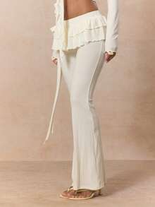 MUSERA Ruffled Frill Waist Side Tie Detail Low Rise Fitted Flare Trouser Coord Bottoms Only Cute Spring Holiday Girly Sugar Salt - White - View 3