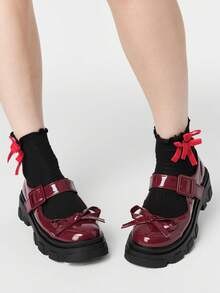 ROMWE Grunge Punk 女士坡跟厚底鞋 Diablo 摇滚朋克哥特风单扣玛丽珍小皮鞋 闭扣蝴蝶结甜美日式 JK 制服鞋 - 酒紅色亮皮 - 查看 4