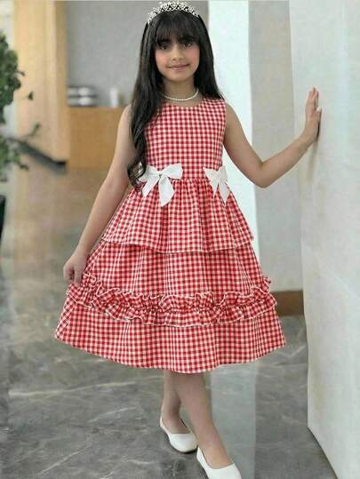 SHEIN Tween Girl Casual Patchwork Round Neck Color Block Bow Decor Dress