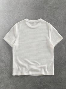 ROMWE MEN Casual 男士休闲纯色薄纱提花面料T恤，夏季 - 米色 - 查看 8