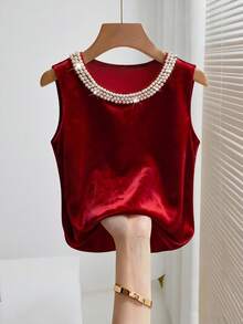 Franclia High-End, Sophisticated Round Neck, Beaded Satin Velvet Sleeveless Casual Top, New Summer Style, Elegant And Versatile For Layering Or Wearing Alone. Women's Spring/Summer Tank Top, Sexy Tank Top, Sleeveless Top, Spring Clothing, Summer Outfits, Women's Red Top, Women's Spring/Summer Pearl Tank Top.Fashionable Casual Commuter Wear, Business Office Wear, Versatile And Stylish Everyday Casual Wear, Urban Teacher's Professional Attire - Red - View 8