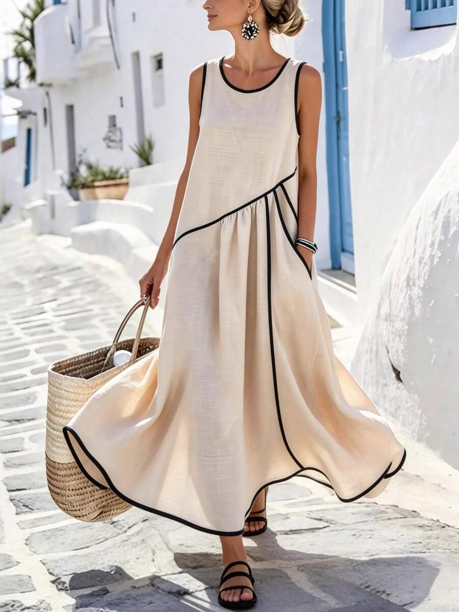 SHEIN Holidaya Women's Casual Vacation Contrast Trim Single Pocket Dress, Casual Long Dress, Spring/Summer Dress Women Vacation Dress Vacation Dinner Dress Summer Elegant Dress Beach Long Dress - Apricot - View 1