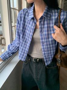 DAZY Áo sơ mi nữ tay dài kẻ caro cổ bẻ kiểu Hàn Quốc, kiểu dáng thường ngày. - Màu xanh lam - Xem 2