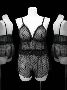 PetitDoll 愛心圖案網紗內衣套裝 - 黑色 - 查看 1