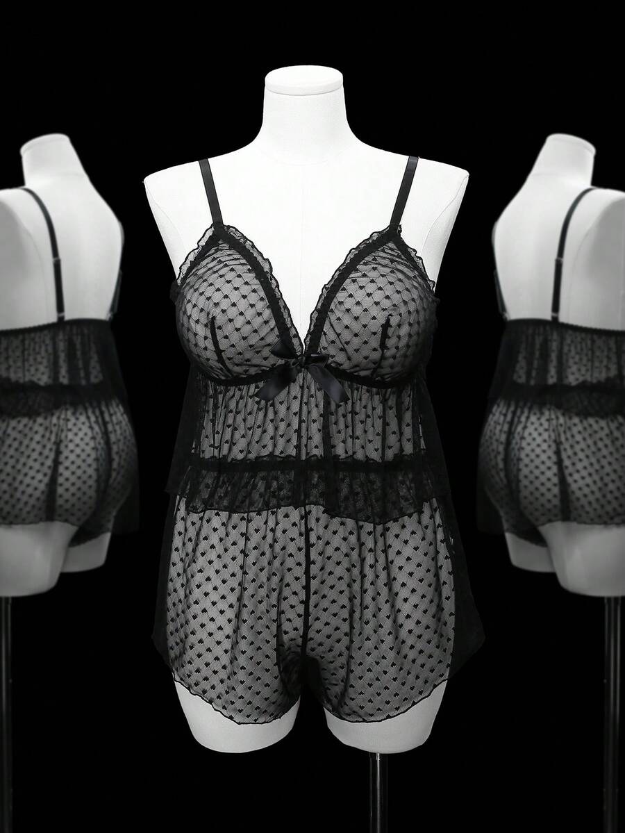 PetitDoll 愛心圖案網紗內衣套裝 - 黑色 - 查看 1