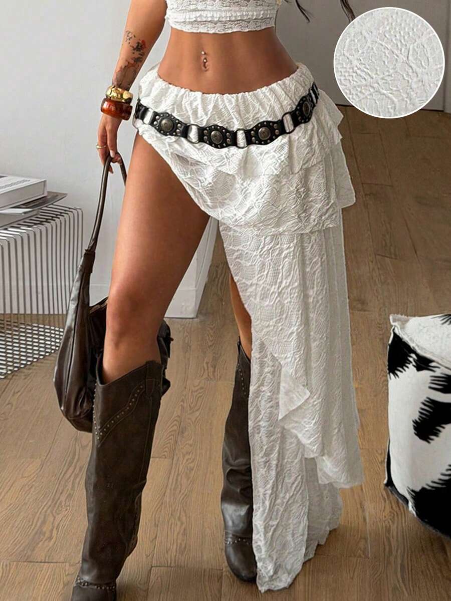 Coolane 女士春季街头休闲波西米亚风度假装扮 Y2K 纹理荷叶边不对称长裙 - 杏色 - 查看 1