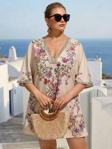 EMERY ROSE Elegant Plus Size Women's Short Boho Dress With V Neck Floral Print Batwing Sleeves For Resort Wear - Multicolor - View 4