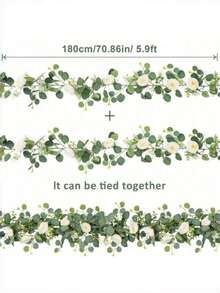 1/2件人造尤加利花环，假绿植花环，配白玫瑰和满天星，适用于婚礼拱门背景墙挂派对中心装饰礼品 - 均碼 - 查看 2