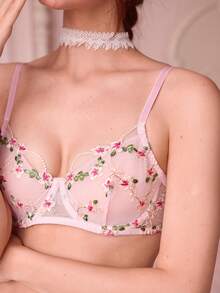 Bonmuse Sujetador con aros decorado con bordado floral para mujer, lencería para el verano - Rosa - Ver 4
