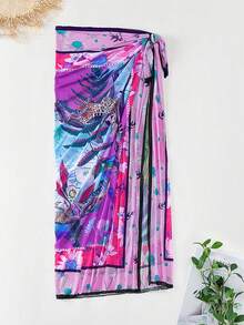 SHEIN Swim Conjunto de pareo y falda con estampado floral y cintura anudada para mujer, ideal para vacaciones - Rojo violeta - Ver 4