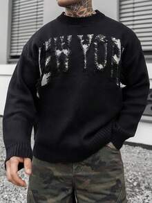 Artur Kramer 男士休闲字母做旧圆领长袖毛衣，秋冬 - 黑色 - 查看 3