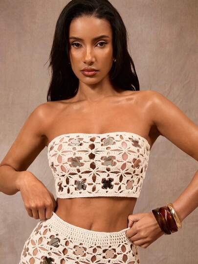 Opulessa Vacation Beach Fashion Handmade Crochet Sequin Decor Super Short Tube Top