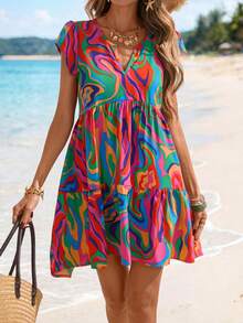 Sylviya 女士休闲V领几何图案度假连衣裙 - 彩色 - 查看 3