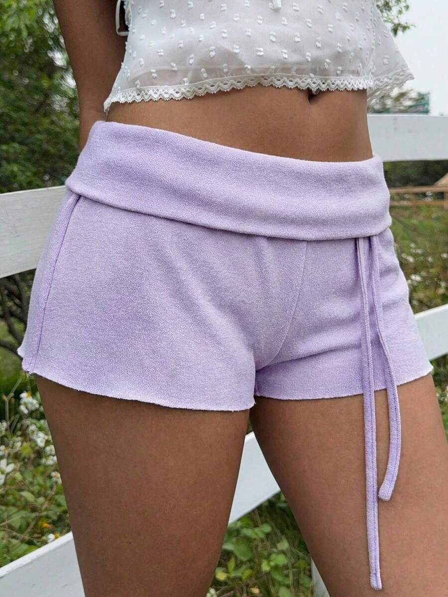 SHEIN EZwear Quần short nữ màu tím cạp thấp, kiểu dáng thường ngày, thích hợp cho mùa hè. - Màu tím - Xem 1