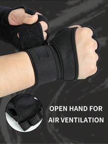 男女通用健身训练手套，带拉力辅助带，增强抓握力，保护手掌免受老茧侵害 - 露指设计，防滑腕带，黑色手套 - 黑色 - 查看 5