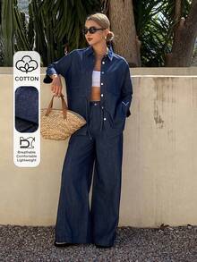 DAZY Women's Collared Waist Drawstring Denim Shirt And Loose Straight Leg Jeans Casual Denim Suit - Dark Wash - View 1