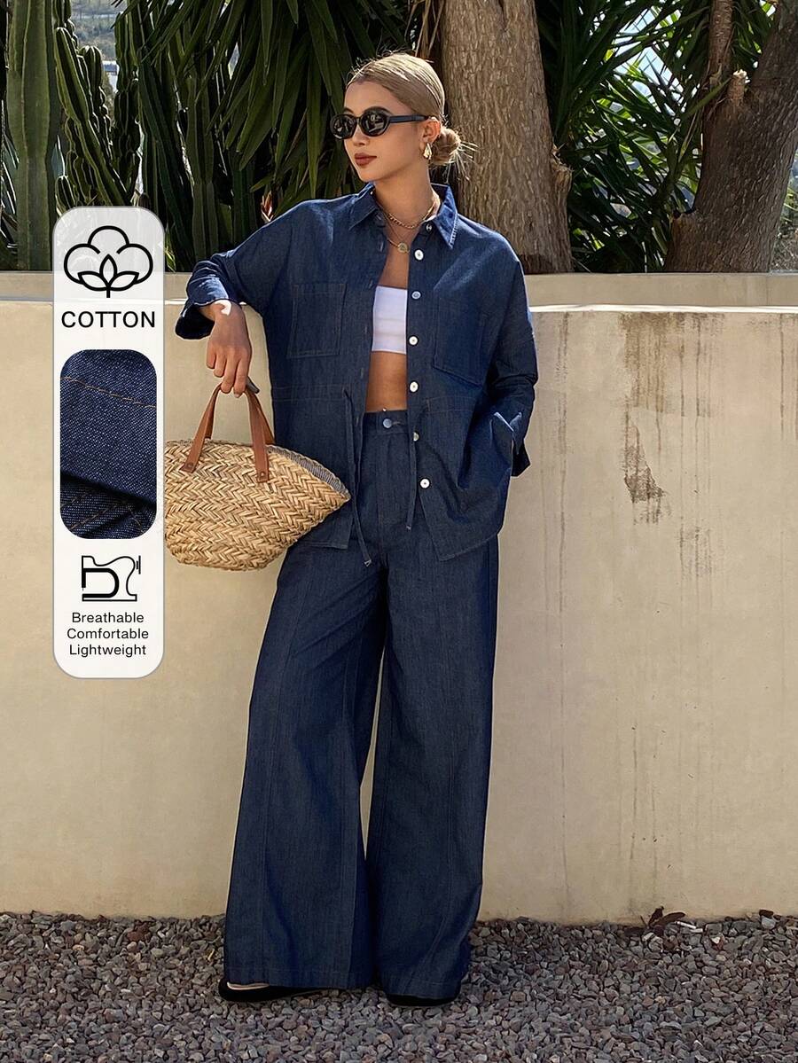 DAZY Women's Collared Waist Drawstring Denim Shirt And Loose Straight Leg Jeans Casual Denim Suit - Dark Wash - View 1