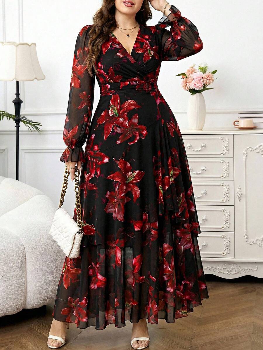 Reflora Đầm maxi cỡ lớn dành cho nữ, kiểu dáng lãng mạn, thanh lịch, in hoa, cổ chữ V, tay bồng, thắt eo, thích hợp cho mùa xuân/thu. - Đỏ - Xem 1