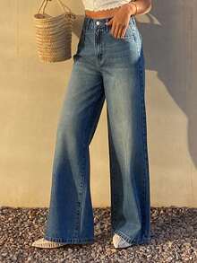 DAZY Jeans rectos de cintura media holgados, estilo casual de ciudad y calle Y2K para mujer - Azul lavado medio - Ver 2