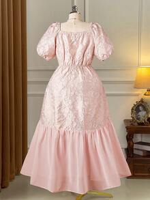 Rometta 大码优雅法式方领提花雪纺拼接长裙，适合春夏、上学、度假、毕业典礼、节日、情人节、圣诞节、音乐节、母亲节、万圣节、感恩节、复活节、国庆节、舞会、生日、约会、婚礼、郊游等场合。 - 粉色 - 查看 6