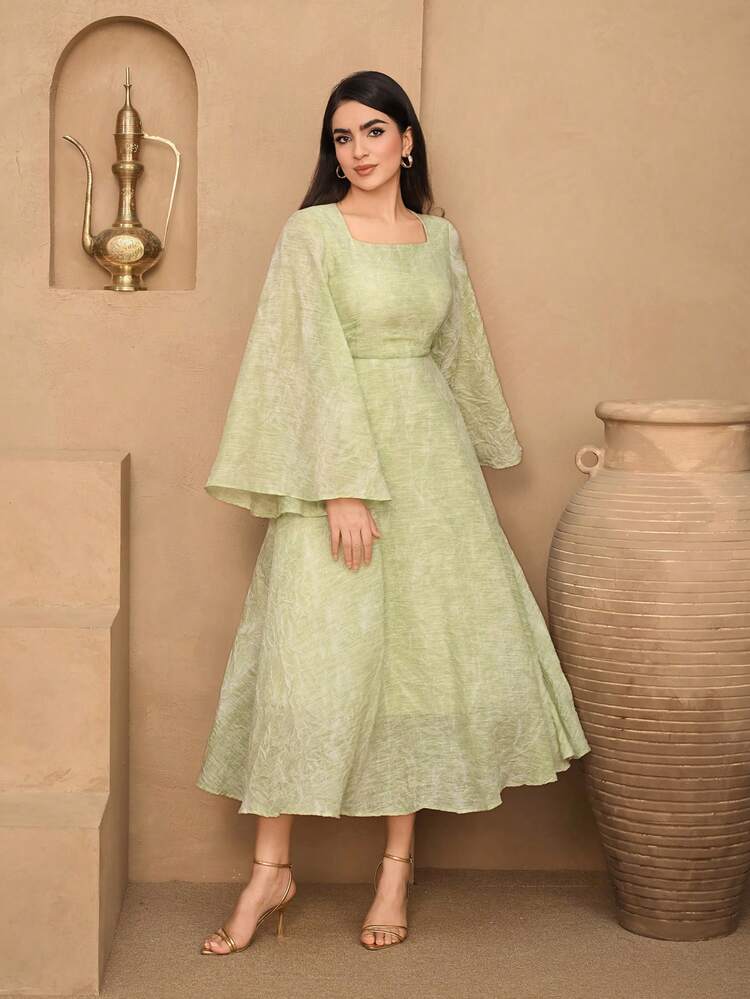 Spring & Summer Green Batwing Sleeve Shawl Collar Maxi Dress, Elegant For Valentine's Day, Wedding, Party, Formal Occasion, Fashion, Commute, Floral Print Long Sleeve Midi Dress For Women Sundress