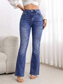 EMERY ROSE Jeans de pierna acampanada con bolsillos y botones, de uso casual y versátil para uso diario - Azul - Ver 6