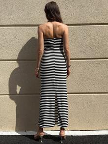 Solivie Women's Casual Striped Bandeau Dress For Vacation - Black and White - View 2