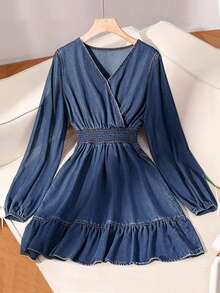 GlowEve Women's V-Neck Ruched Casual Everyday Date Denim Dress - Blue - View 8