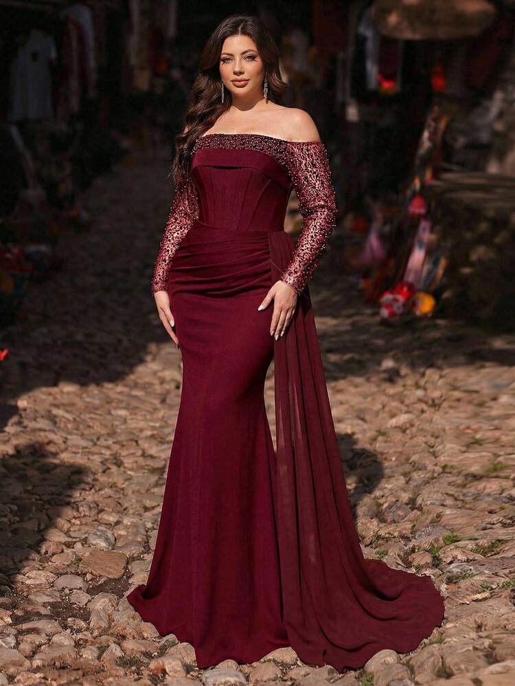 Aureia Plus Size Elegant Romantic Wine Red Off-Shoulder Luxury Beaded Patchwork Knit Fabric Waist Fishtail Ruffle Hem Bodycon Dress, Suitable For Wedding, Party, Celebration, Formal Event, Gala (Intricate Design) - Red - View 6