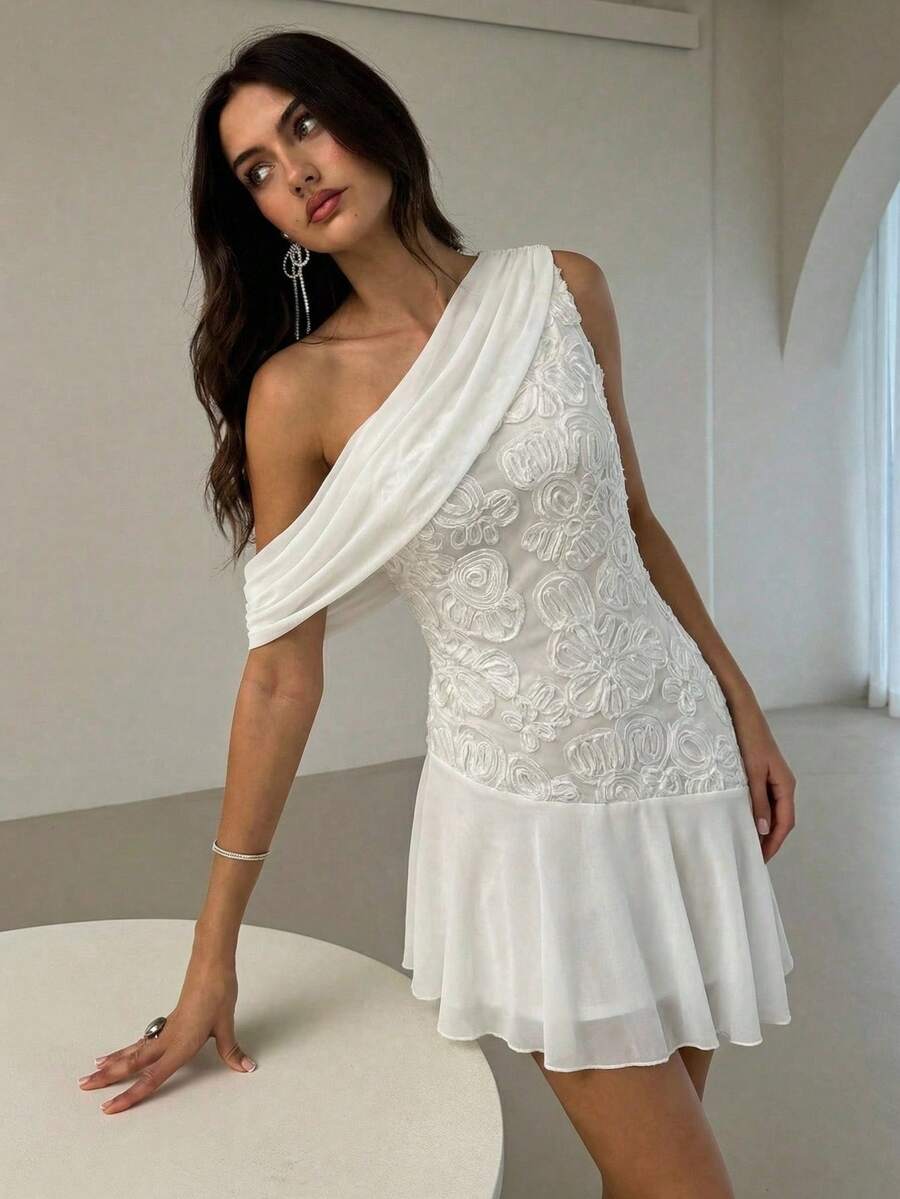 Aloruh Women's Casual Elegant Off-Shoulder Jacquard Patchwork Dress/White Mini Skirt, Romantic Wedding Guest Outfit, Birthday Party/Graduation Ceremony Dress, Summer Mini Skirt, Beach Holiday Mini Dress Women One Piece Dress Wow Dress Womans Dress