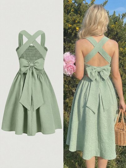 Teen Girl Backless Hollow Out Big Bow Solid Green Textured Fabric Sleeveless Elegant Vacation Dress Teen Summer Green Outfits Picnic Dress Tea Party Outfit Aesthetic Dresses For Summer Girls Sage Green Dresses