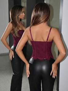 SHEIN ICON 女士优雅纯色蕾丝吊带背心，夏季必备 - 酒紅色 - 查看 2