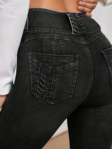 EMERY ROSE Women's High Waist Pocket Skinny Casual Versatile Denim Jeans - Grey - View 2